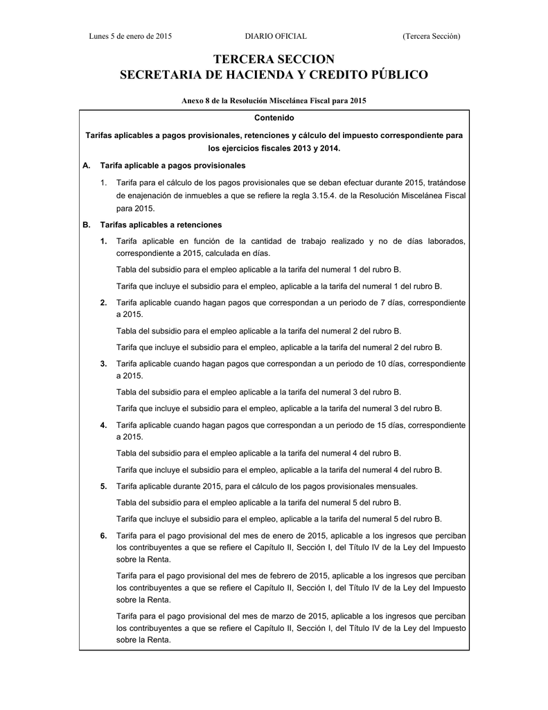 Tarifas Para Calcular Las Retenciones Y Los Pagos Provisionales