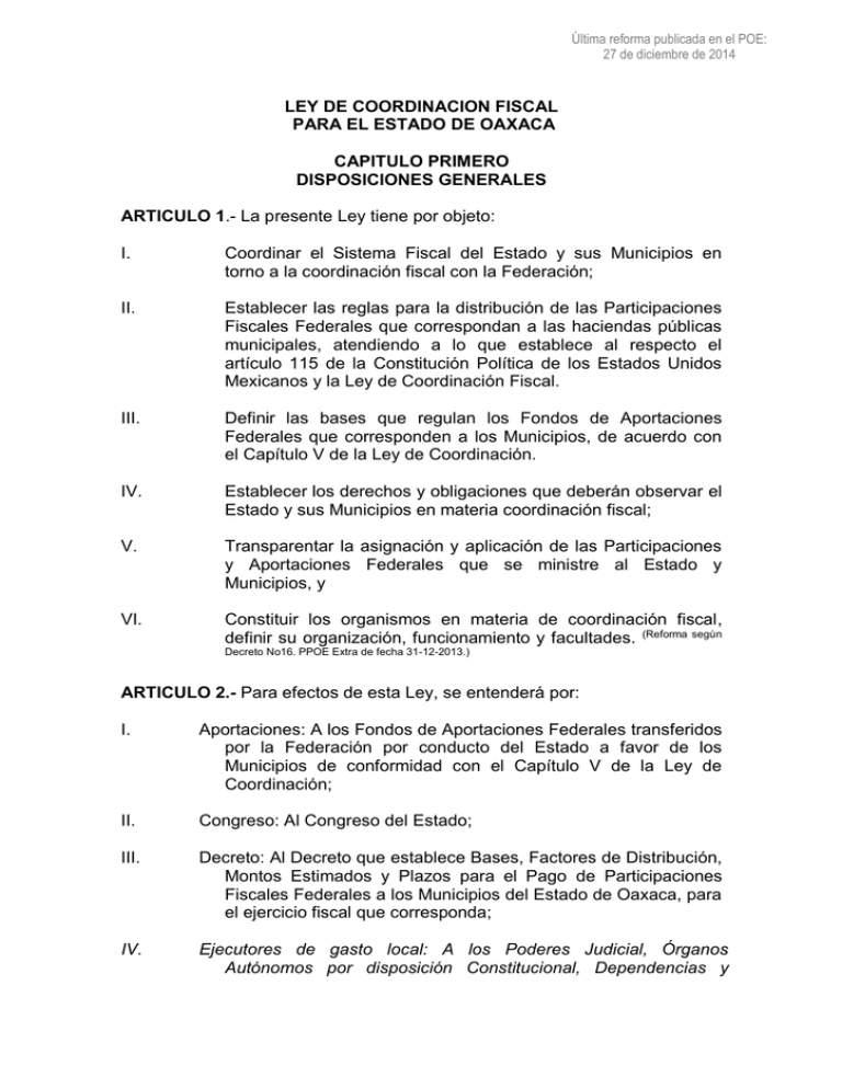 Ley De Coordinacion Fiscal Para El Estado De Oaxaca