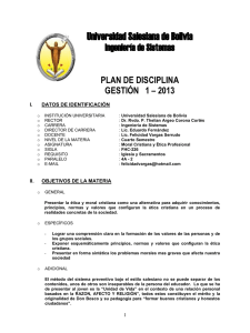 Universidad Salesiana de Bolivia Ingeniería de Sistemas  PLAN DE DISCIPLINA