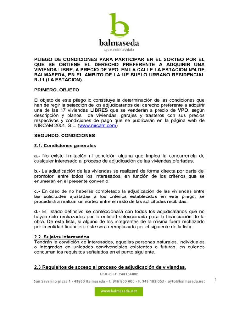 PLIEGO DE CONDICIONES PARA PARTICIPAR EN EL SORTEO