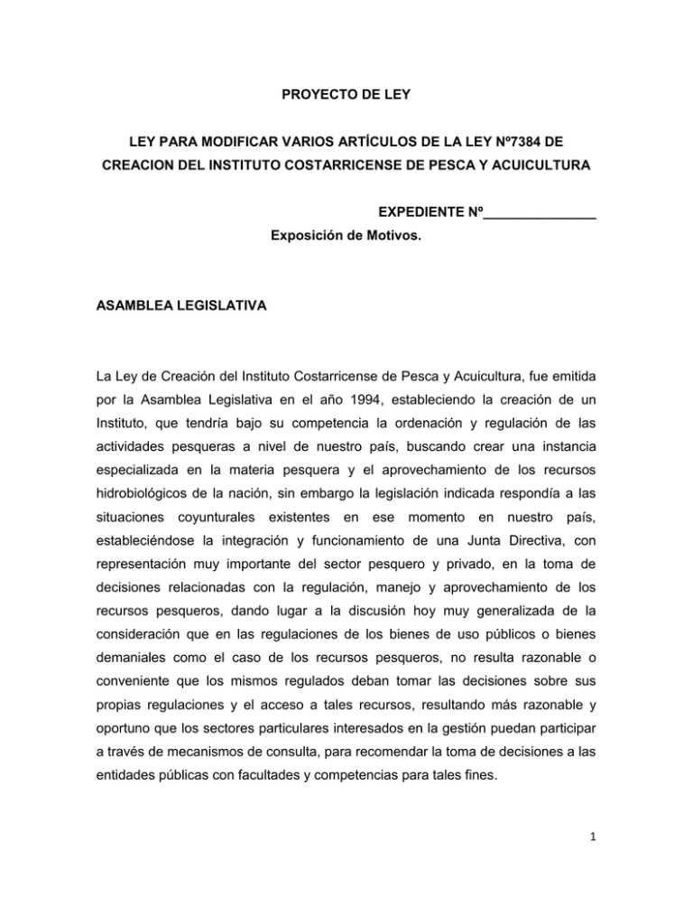 PROYECTO DE LEY CREACION DEL INSTITUTO COSTARRICENSE DE PESCA Y ACUICULTURA