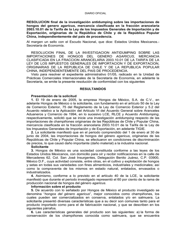 RESOLUCION final de la investigación antidumping sobre