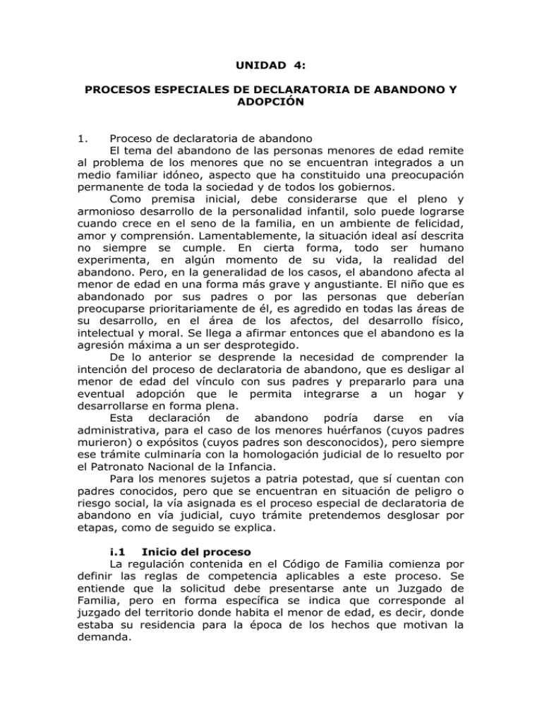 UNIDAD 4 PROCESOS ESPECIALES DE DECLARATORIA DE ABANDONO Y ADOPCIÓN