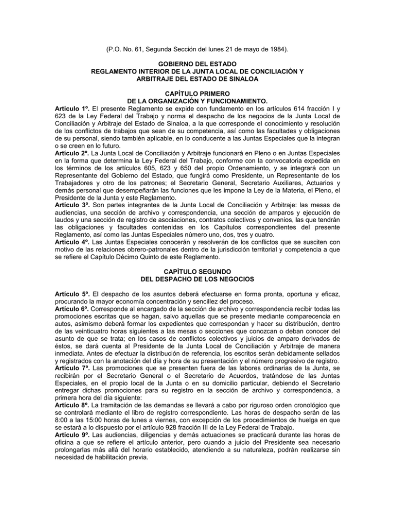 Reglamento Interior De La Junta Local De Conciliacion Y Arbitraje Del