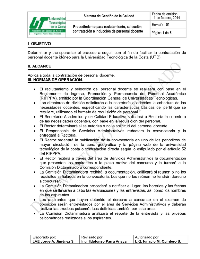 Procedimiento para reclutamiento selección contratación e