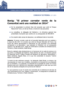 Bonig:  “El  primer  corredor  verde ... Comunitat será una realidad en 2014” COMUNICAT DE PREMSA