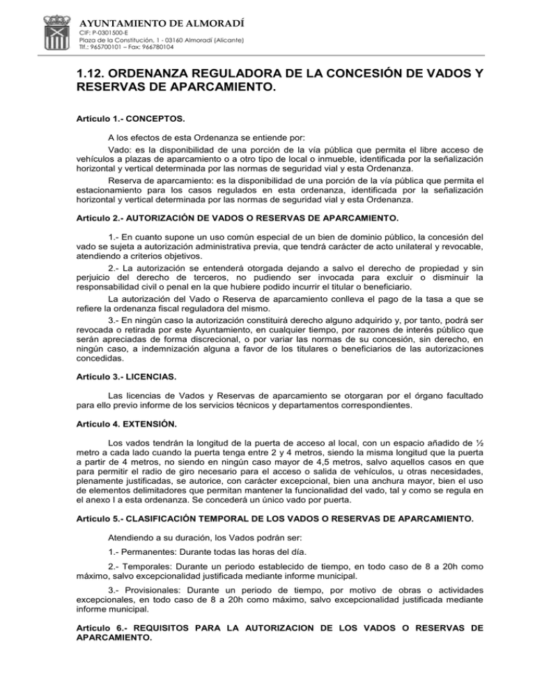 Ordenanza Reguladora De La Concesion De Vados Y Reservas De