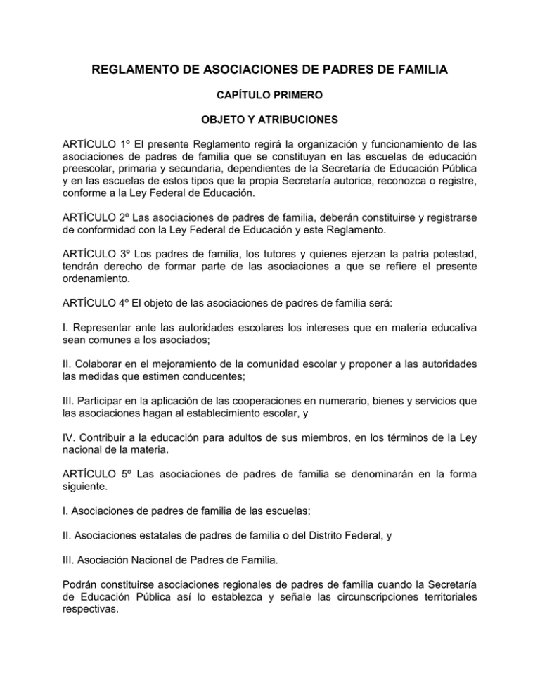 REGLAMENTO DE ASOCIACIONES DE PADRES DE FAMILIA