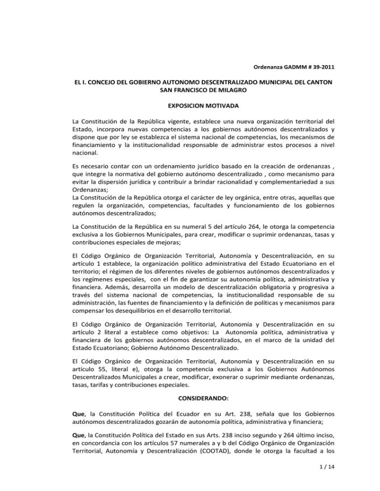 EL I CONCEJO DEL GOBIERNO AUTONOMO DESCENTRALIZADO MUNICIPAL DEL CANTON