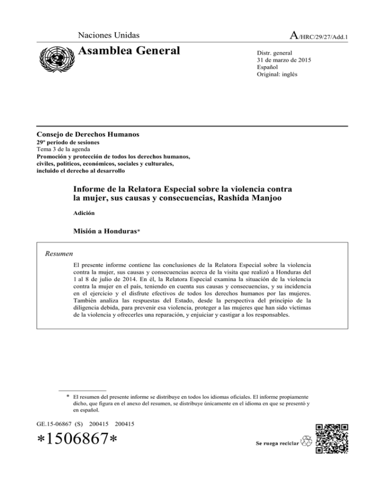 Informe De La Relatora Especial Sobre La Violencia Contra La Mujer