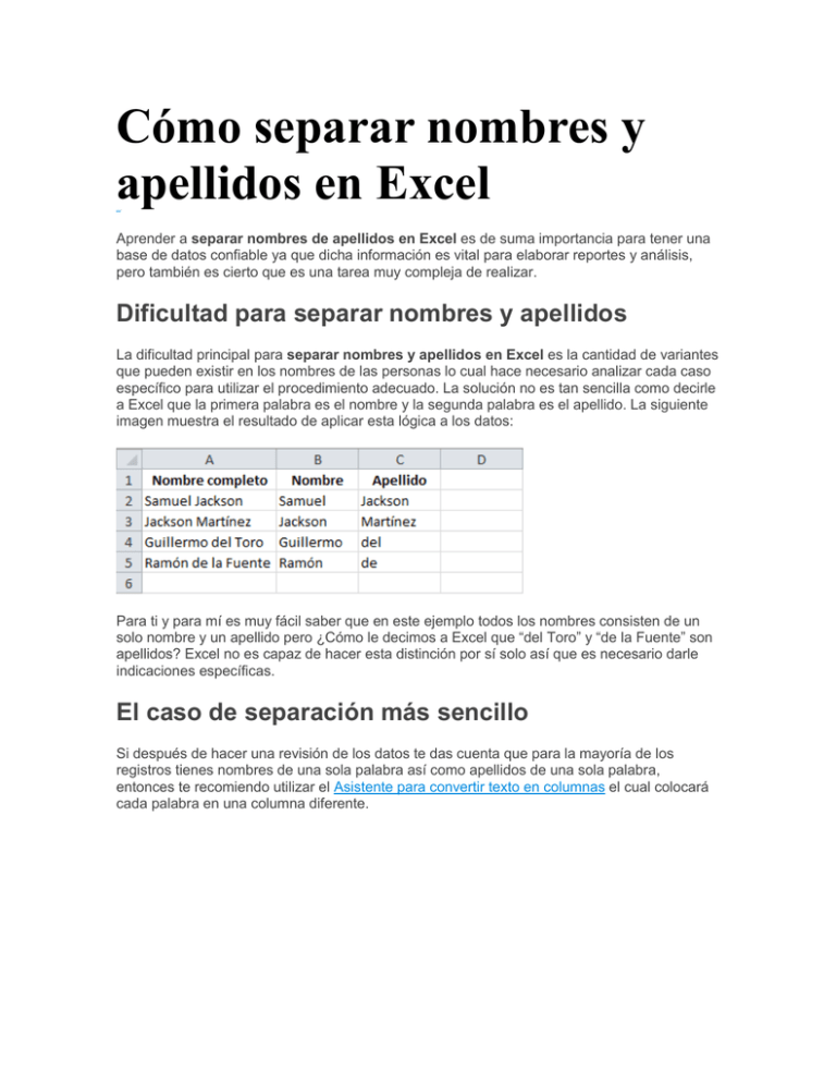 C Mo Separar Nombres Y Apellidos En Excel