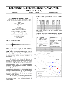 Reporte sismos y volcanes, Julio 2001.