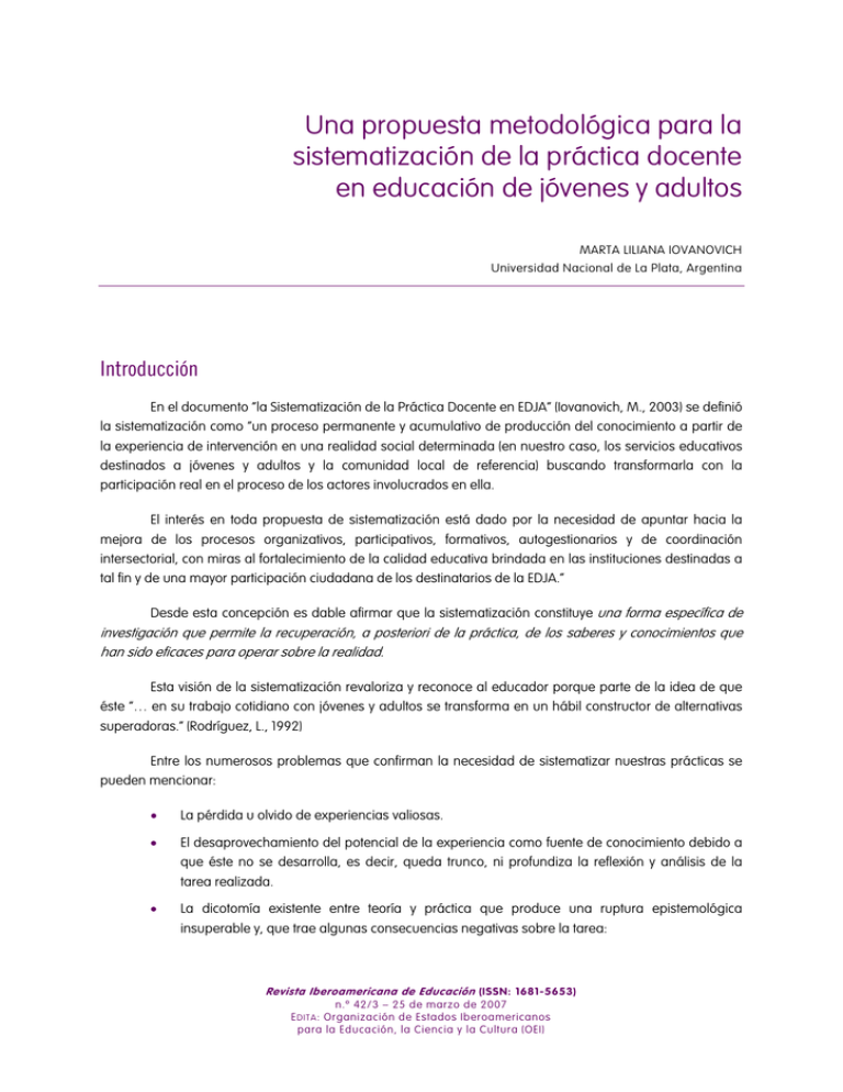 IOVANOVICH M 2003 La Sistematizaci N De La Pr Ctica Docente En