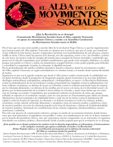 Comunicado Movimientos Sociales hacia el Alba, capítulo Venezuela en apoyo al comandante Chávez y rumbo a la Asamblea Continental de Movimientos Sociales hacia el ALBA.