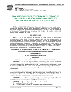 Reglamento de Inspección para el Estado de Tamaulipas y aplicación de sanciones por violaciones a la Legislación Laboral