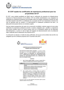 EL COIT EXPIDE LOS CERTIFICADOS DE EXPERIENCIA PROFESIONAL PARA LOS PROYECTISTAS DE ICT