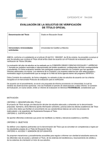 EVALUACIÓN DE LA SOLICITUD DE VERIFICACIÓN DE TÍTULO OFICIAL 764/2008 EXPEDIENTE Nº
