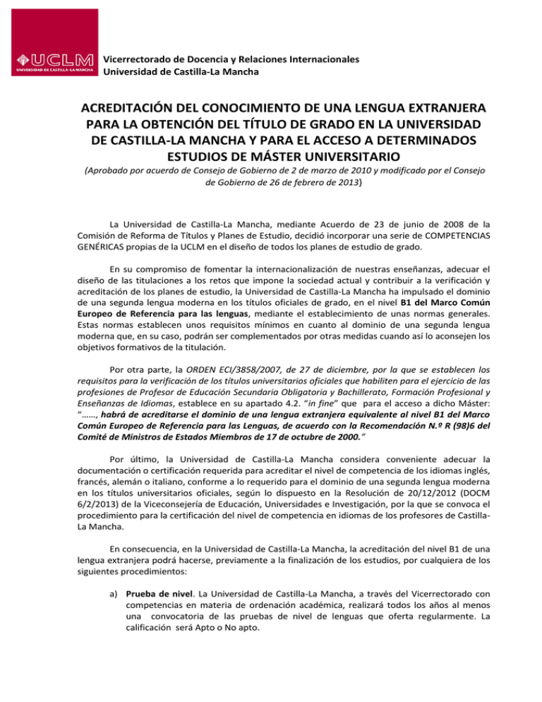 Acreditación del conocimiento de una lengua extranjera para la