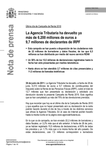 La Agencia Tributaria ha devuelto ya más de 6.200 millones de euros a 9,7 millones de declarantes de IRPF
