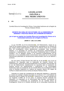 Decreto 58/98, de 8 de octubre de 1998, por el que se regulan los Comités Éticos de Investigación Clínica en la CCAA de la Región de Murcia