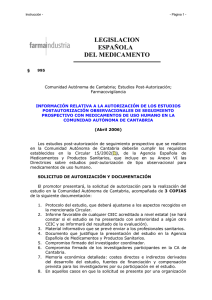 Información relativa a la autorización de los estudios post-autorización observacionales de seguimiento prospectivo con medicamentos de uso humano en Cantabria