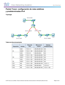 Packet Tracer: configuración de rutas estáticas y predeterminadas IPv4 (instrucciones)