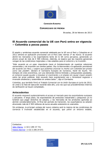 Acuerdo Comercial entre el Per , Colombia y la Uni n Europea entra en aplicaci n provisional con respecto a Per a partir del 01 de marzo 2013