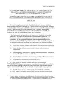 WIPO/GRTKF/IC/Q.3 CUESTIONARIO SOBRE LOS DISTINTOS REQUISITOS DE DIVULGACIÓN