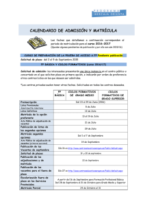 CALENDARIO DE ADMISIÓN Y MATRÍCULA curso 2016-2017