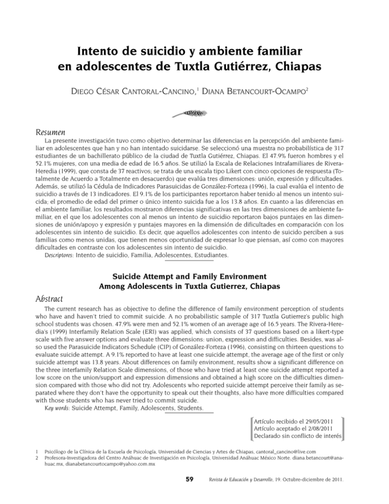 Intento De Suicidio Y Ambiente Familiar En Adolescentes De Tuxtla Guti