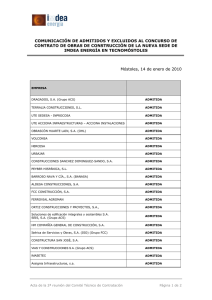 14/01/2010 Comunicación de Admitidos y Excluidos al Concurso de contrato de obras de construcción de la nueva sede de IMDEA Energía en Tecnomóstoles