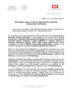 SHF-SEDATU avalan en Sonora, Quintana Roo y Morelos a Desarrollos Certificados