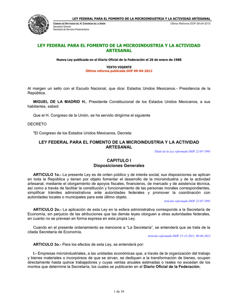 Ley Federal Para El Fomento De La Microindustria Y La Artesanal