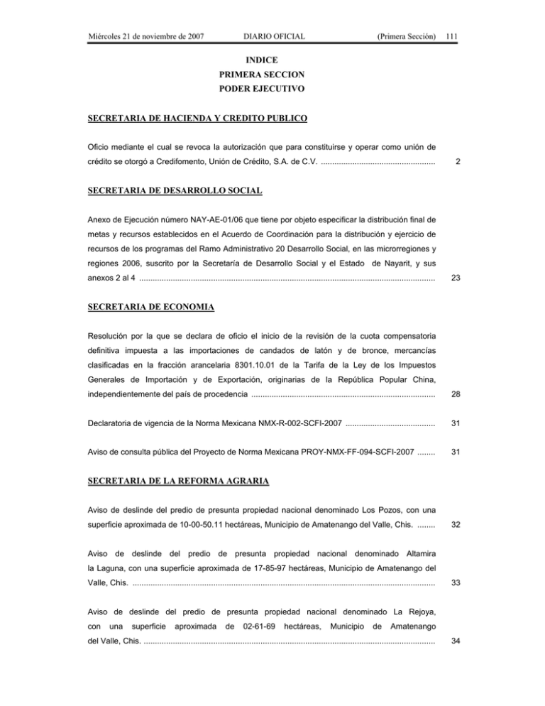 Indice Primera Seccion Poder Ejecutivo Secretaria De Hacienda Y Credito Publico
