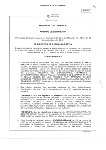 AUTO DE DESISTIMIENTO PARA EL PROYECTO: TRAMITE DE CONCESIONES PERMISOS Y AUTORIZACIONES EN LAS AGUAS TERRENOS DE BAJAMAR,PLAYAS Y DEMAS BIENES DE USO PUBLICO PARA MARINAS, CLUBES NAUTICOS Y BASES NAUTICAS PROYECTO  PLAYA RIOHACHA-MARINA ALMIRANTE PADILLA