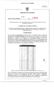 CERTIFICACIÓN 413 DEL 14 DE ABRIL DEL 2015 CON RADICADO EXTMI15-0010834 PARA EL PROYECTO: PROYECTO HIDROELECTRICO A FILO DE AGUA RIO NEGRO-RN