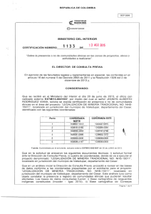 CERTIFICACIÓN 1133 DEL 13 DE AGOSTO DEL 2015 CON RADICADO EXTMI13-0021937 PARA EL PROYECTO: LEGALIZACIÓN MINERIA TRADICIONAL NO. NHS-15011
