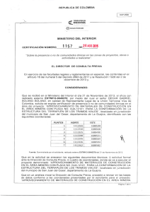 CERTIFICACIÓN 1157 DEL 20 DE AGOSTO DEL 2015 CON RADICADO EXTMI13-0045270 PARA EL PROYECTO: APROVECHAMIENTO DE MATERIALES DE CONSTRUCCION EN EL ÁREA MINERA CON PLACA NO. OJA-12121, PARA LA CONFORMACION DE LA ESTRUCTURA DEL TERRAPLEN DE LOS TRAMOS VIALES
