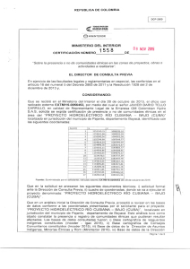 CERTIFICACIÓN 1558 DEL 9 DE NOVIEMBRE DEL 2015 CON RADICADO EXTMI15-0056453 PARA EL PROYECTO: PROYECTO HIDROELECTRICO RIO  CUSIANA BAJO CUBA