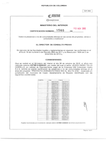 CERTIFICACIÓN 1560 DEL 9 DE NOVIEMBRE DEL 2015 CON RADICADO EXTMI15-0056451 PARA EL PROYECTO: PROYECTO HIDROELECTRICO RIO EL SALTO