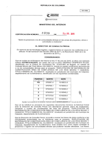 CERTIFICACIÓN 1039 DEL 23 DE JULIO DEL 2015 CON RADICADO EXTMI15-0033976 PARA EL PROYECTO: EXLOTACION DE MATERIALES DE CONSTRUCCION ÁREA DE INFLUENCIA DE LOS RIOS NEGRO Y CAQUEZA