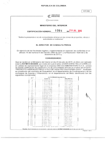 CERTIFICACIÓN 1064 DEL 29 DE JULIO DEL 2015 CON RADICADO EXTMI15-0034655 PARA EL PROYECTO: PROYECTO HIRDOHELECTRICO  A FILO DE AGUA RIO GAYURIBA-GUAY