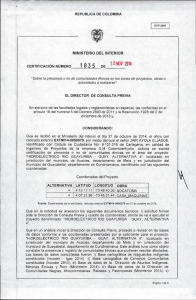 CERTIFICACIÓN 1835 DEL 12 DE NOVIEMBRE DEL 2014 CON RADICADO EXTMI14-0050079 PARA EL PROYECTO: HIDROELECTRICO RIO GUAYURIBA - GUAY, ALTERNATIVA 4