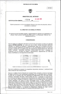 CERTIFICACIÓN 1329 DEL 4 DE AGOSTO DEL 2014 CON RADICADO EXTMI14-0035758 PARA EL PROYECTO: FLORA DE LA CUENCA DEL RIO ANCHICAYA (SUBCUENCA DEL RIO SAN JUAN), PARQUE NACIONAL NATURAL FARALLONES DE CALI