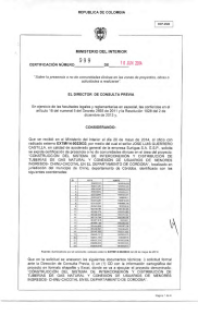 CERTIFICACIÓN 999 DEL 10 DE JUNIO DEL 2014 CON RADICADO EXTMI14-0022633 PARA EL PROYECTO: CONSTRUCCION DEL SISTEMA DE INTERCONEXION Y DISTRIBUCION DE TUBERIAS DE GAS NATURAL Y CONEXION  DE USUARIOS DE MENORES INGRESOS- CHINU-CACOTAL EN EL DEPARTAMENTO CORDOBA