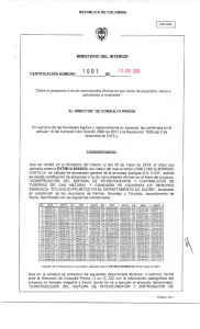CERTIFICACIÓN 1001 DEL 10 DE JUNIO DEL 2014 CON RADICADO EXTMI14-0022633 PARA EL PROYECTO: CONSTRUCCION DEL SISTEMA DE INTERCONEXION Y DISTRIBUCION DE TUBERIAS DE GAS NATURAL Y CONEXION  DE USUARIOS DE MENORES INGRESOS- TOLUVIEJO-PALMITO  EN EL DEPARTAMENTO DE SUCRE