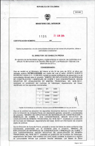 CERTIFICACIÓN 1135 DEL 27 DE JUNIO DEL 2014 CON RADICADO EXTMI14-0030688 PARA EL PROYECTO: MINERO DE EXPLOTACION DE MATERIALES DE CONSTRUCCION Y MINERALES DE COBRE Y SUS CONCENTRADOS, SEGUN SOLICITUD DE LEGALIZACION MINERA TRADICIONAL NO. NHS - 15011