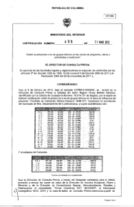 CERTIFICACION 498 DEL 27 DE MARZO DEL 2012 CON RADICADO N. EXTMI12-0003437 - PARA EL PROYECTO CONTRATO DE CONCESION MINERA NUMERO: GFM-141
