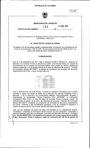 CERTIFICACION 134 DEL 30 DE ENERO DEL 2012 CON RADICADO N. EXTMI 11-0004433- PARA EL PROYECTO CONTRATO DE CONCESION MINERA MA7-08271