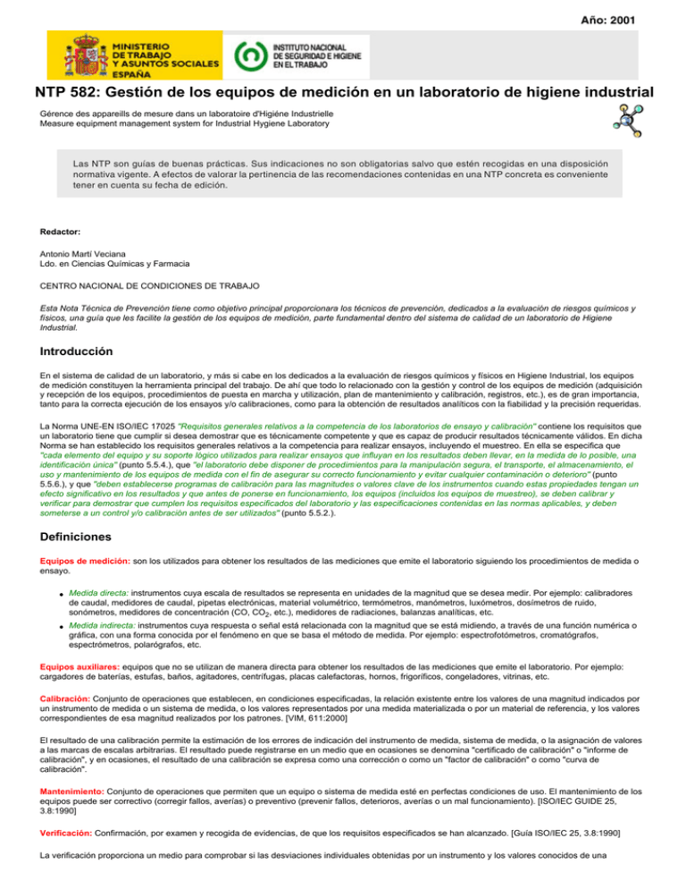 Nueva ventana NTP 582 Gestión de los equipos de medición en un